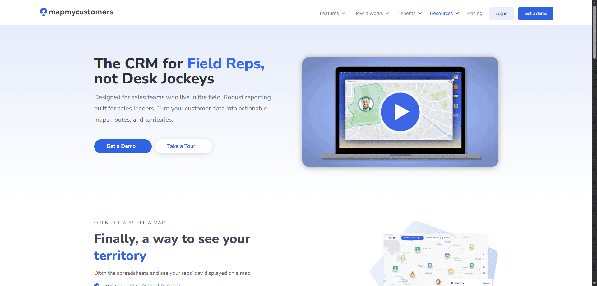 Map My Customers homepage showing “The CRM for Field Reps, not Desk Jockeys,” map display, sales tips, and demo/tour buttons.