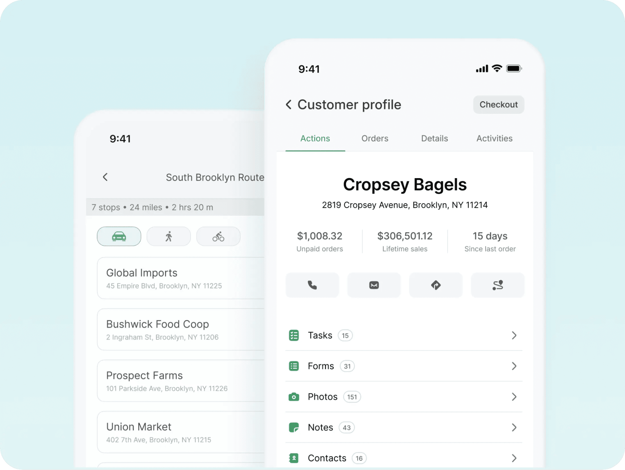 Two smartphone screens show a delivery app: one with a route map, the other with Cropsey Bagels’ profile, stats, and sales tools.
