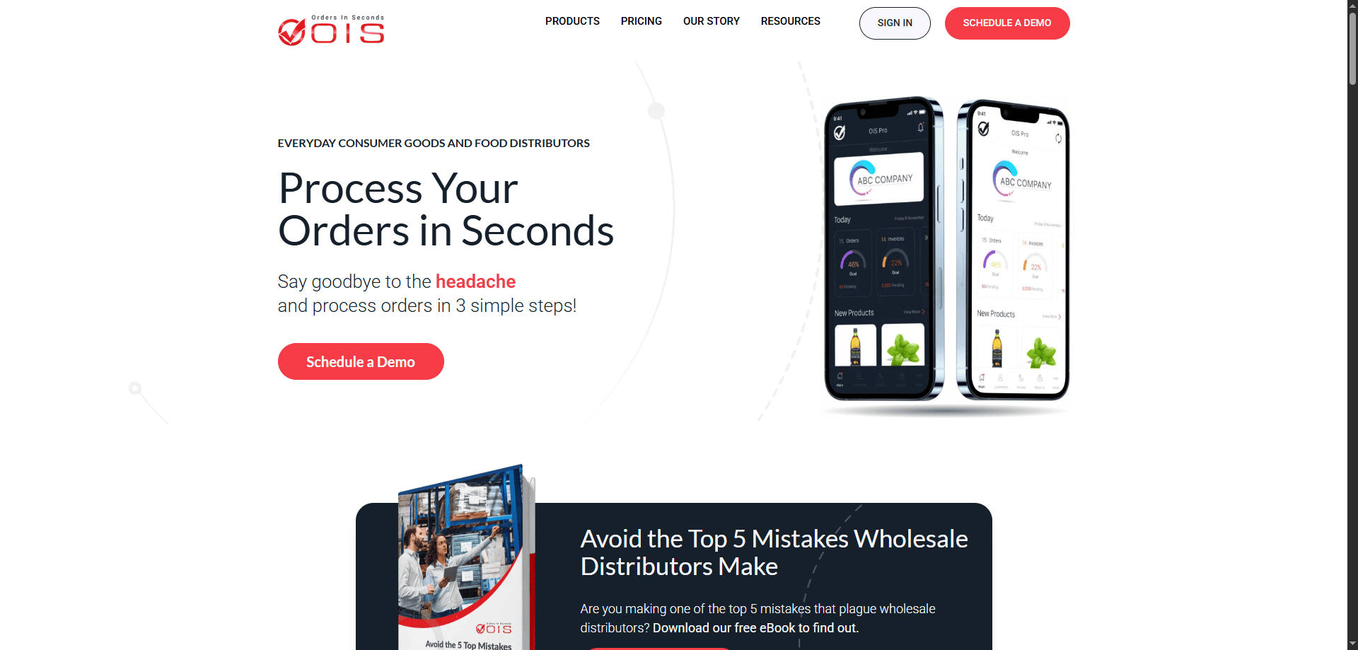 OIS homepage with "Process Your Orders in Seconds" headline, app demo on smartphones, schedule button, and eBook on distributor mistakes.