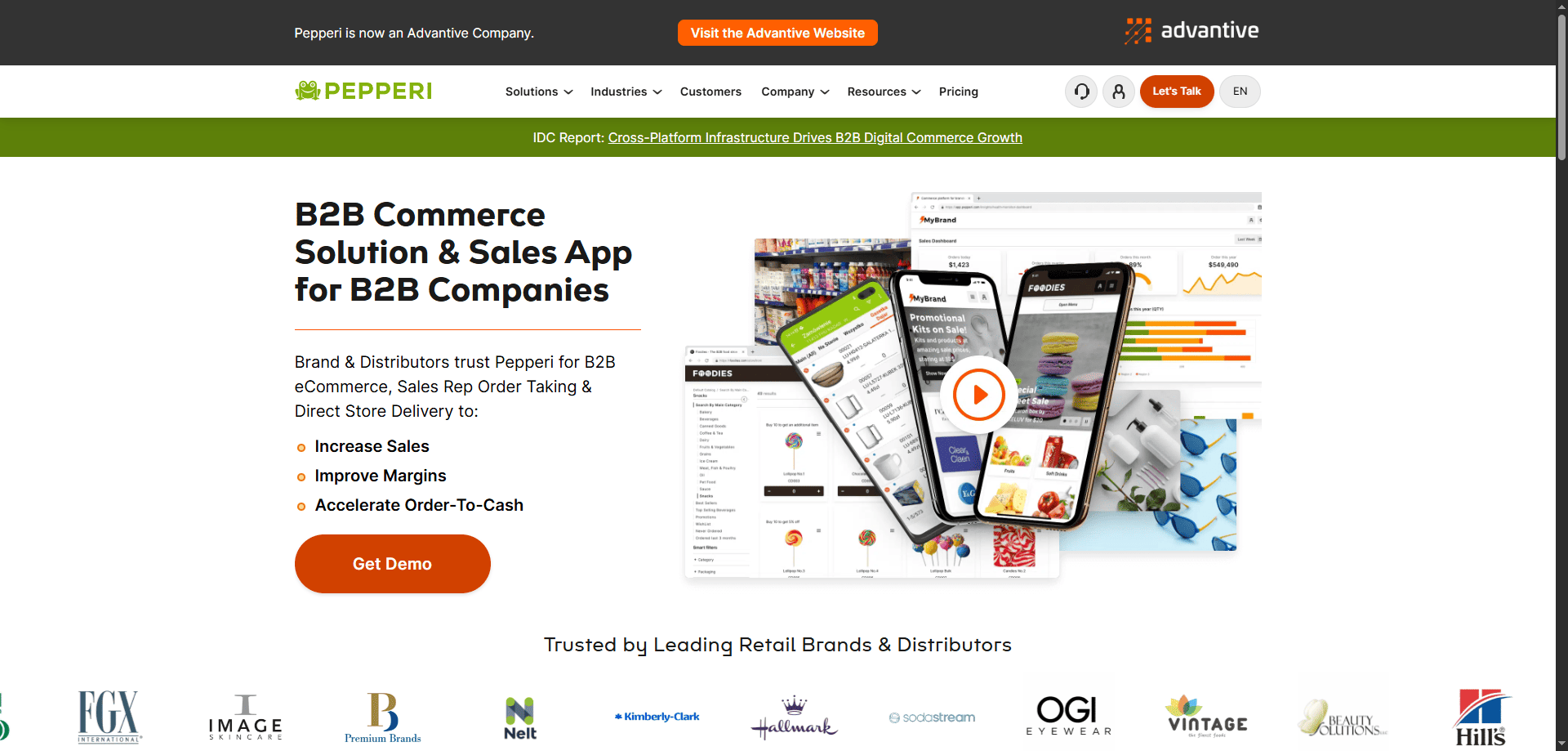 Pepperi website homepage showing B2B commerce platform, sales app, inventory tools, mobile device images, demo button, and brand logos.