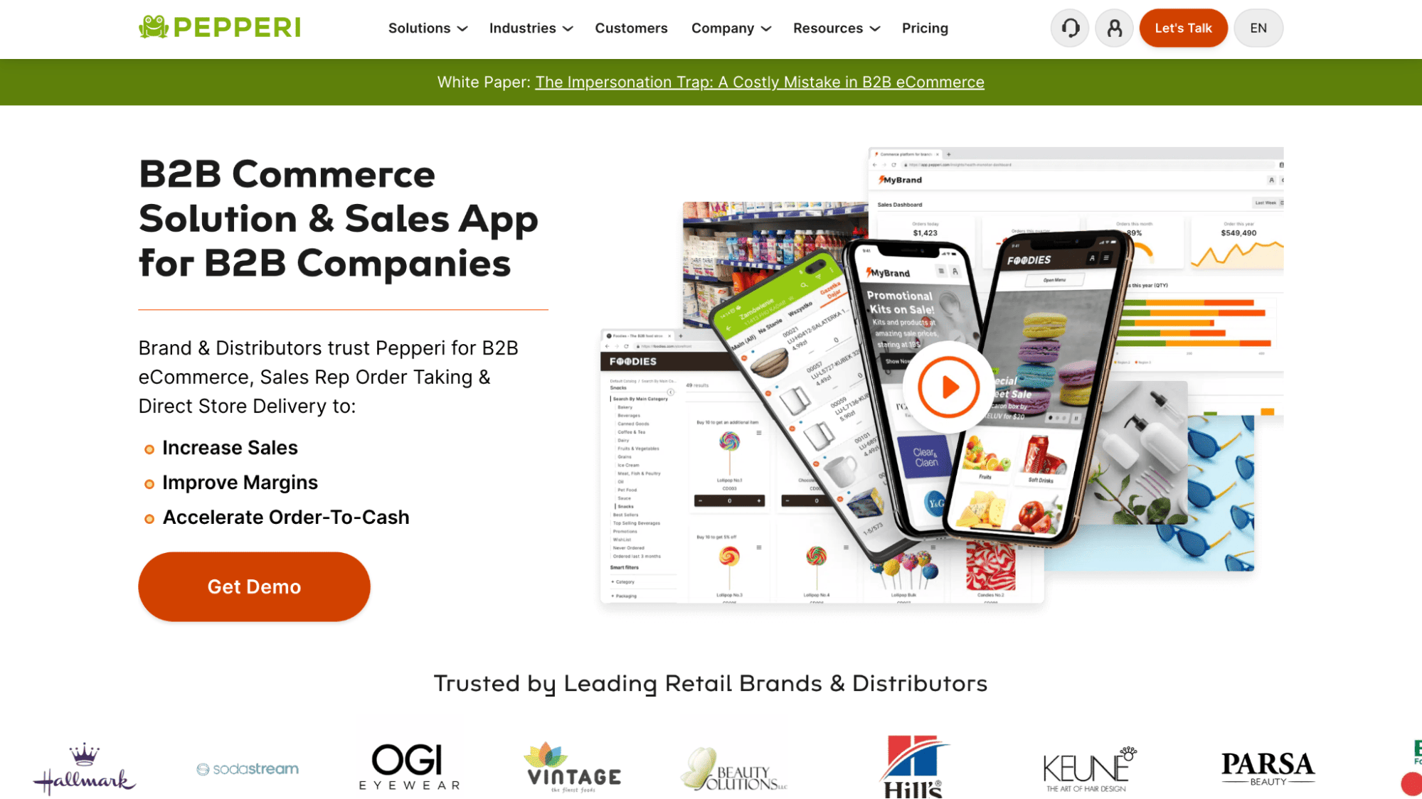Pepperi homepage screenshot displaying its B2B sales app, Field Sales Enablement tools, device images, logos, and demo buttons.