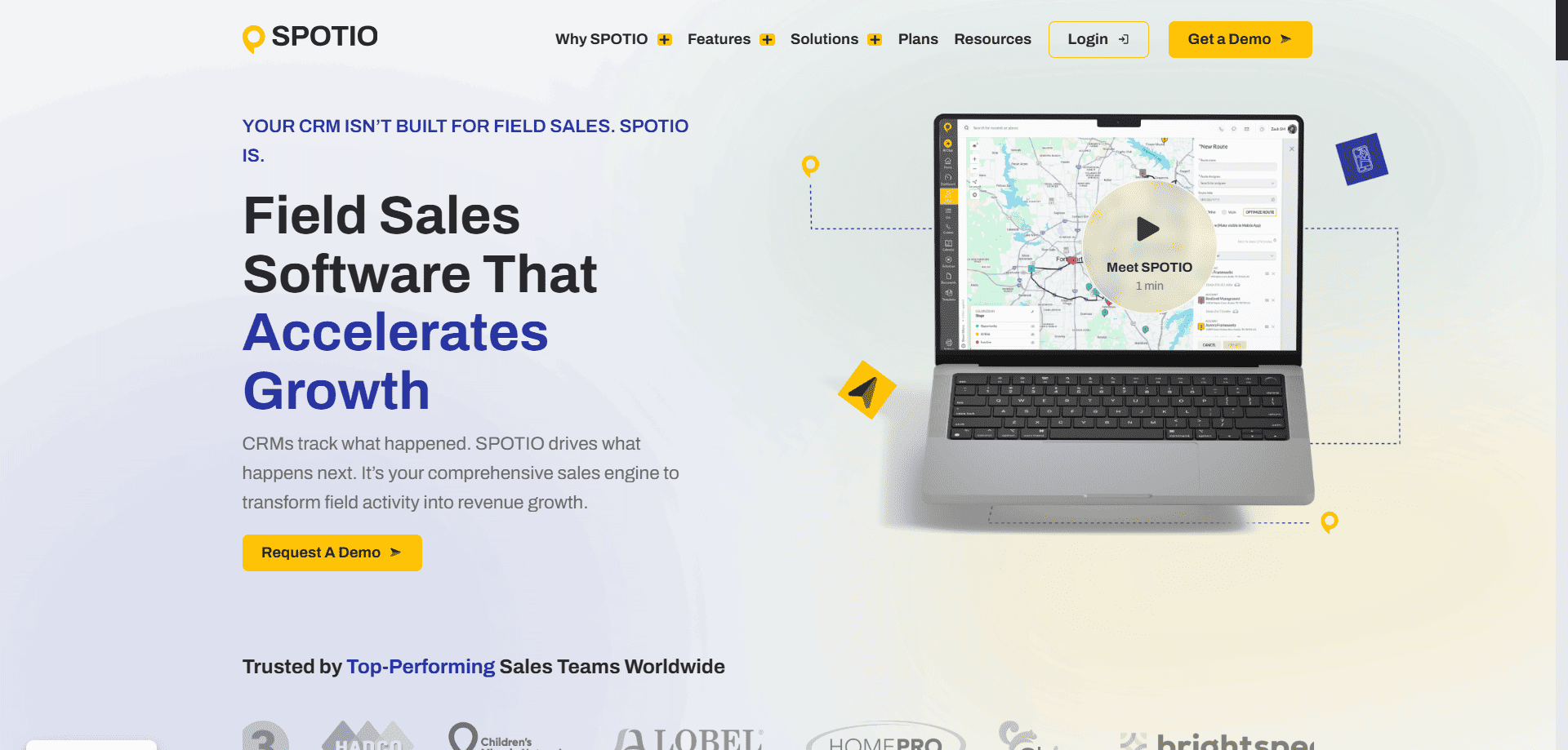 SPOTIO homepage screenshot with a field sales software headline, yellow Request A Demo button, map on a laptop, and company logos.