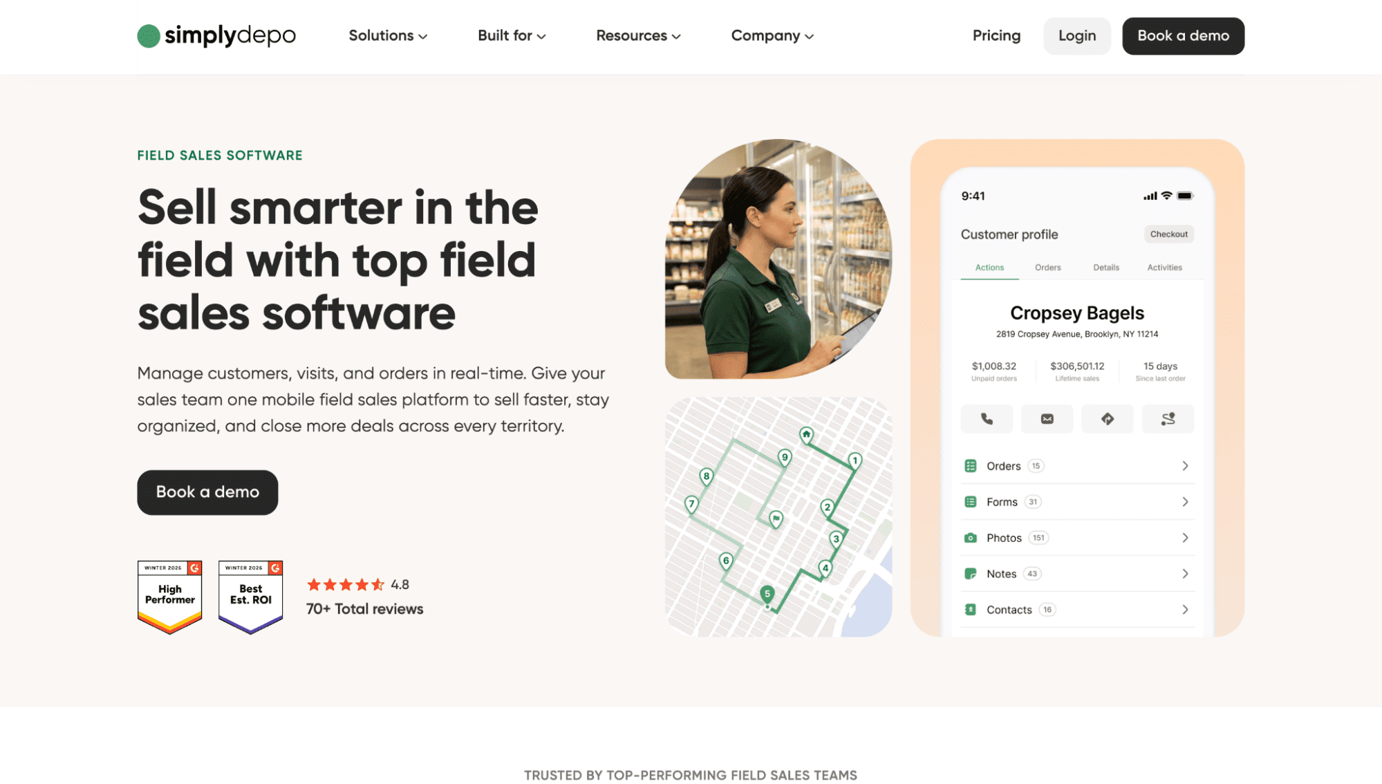 SimplyDepo field sales software homepage shows a woman in-store, app with customer info, playbooks, map, and “Book a demo” buttons.