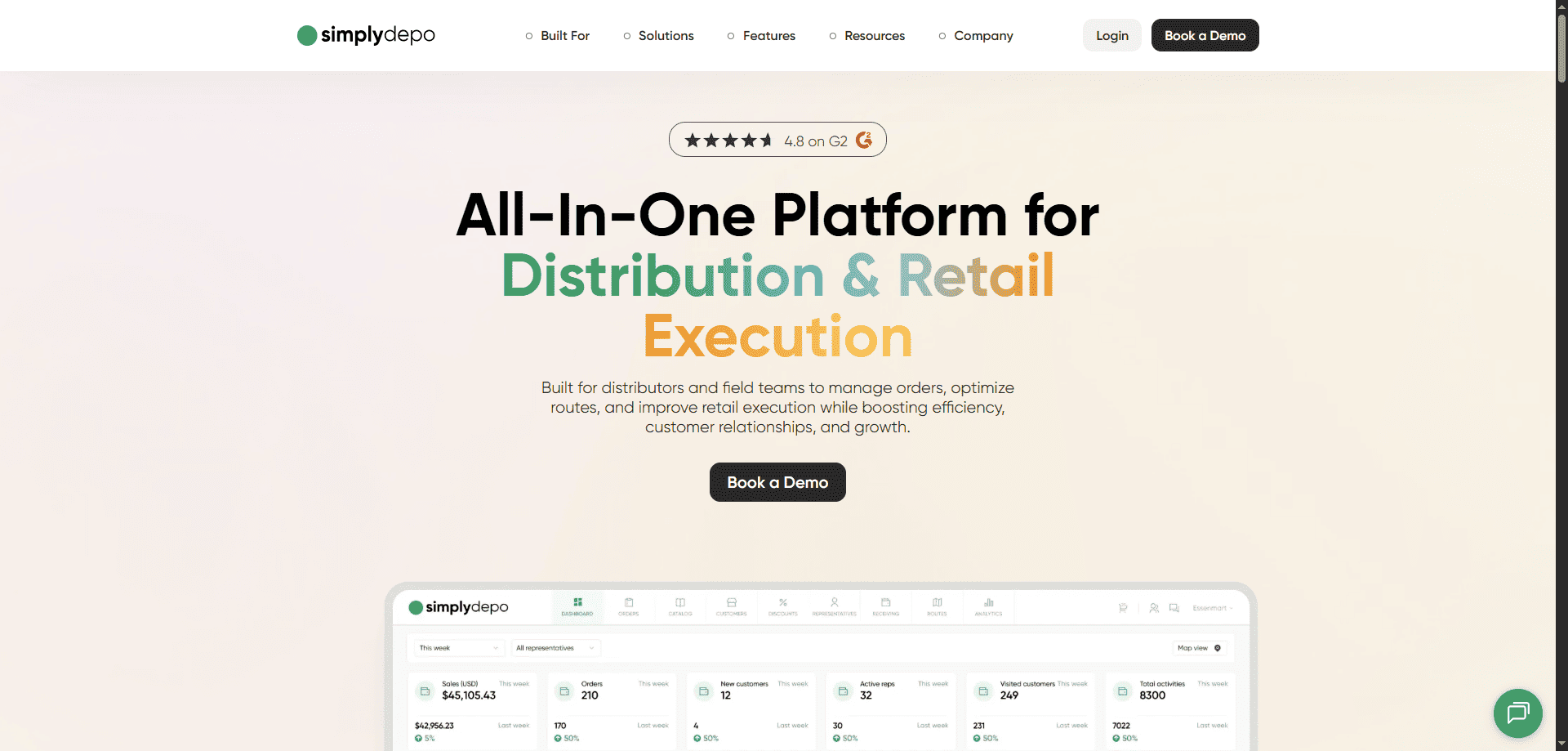 SimplyDepos homepage featuring an all-in-one retail execution platform for sales reps, demo booking buttons, and top navigation menu.