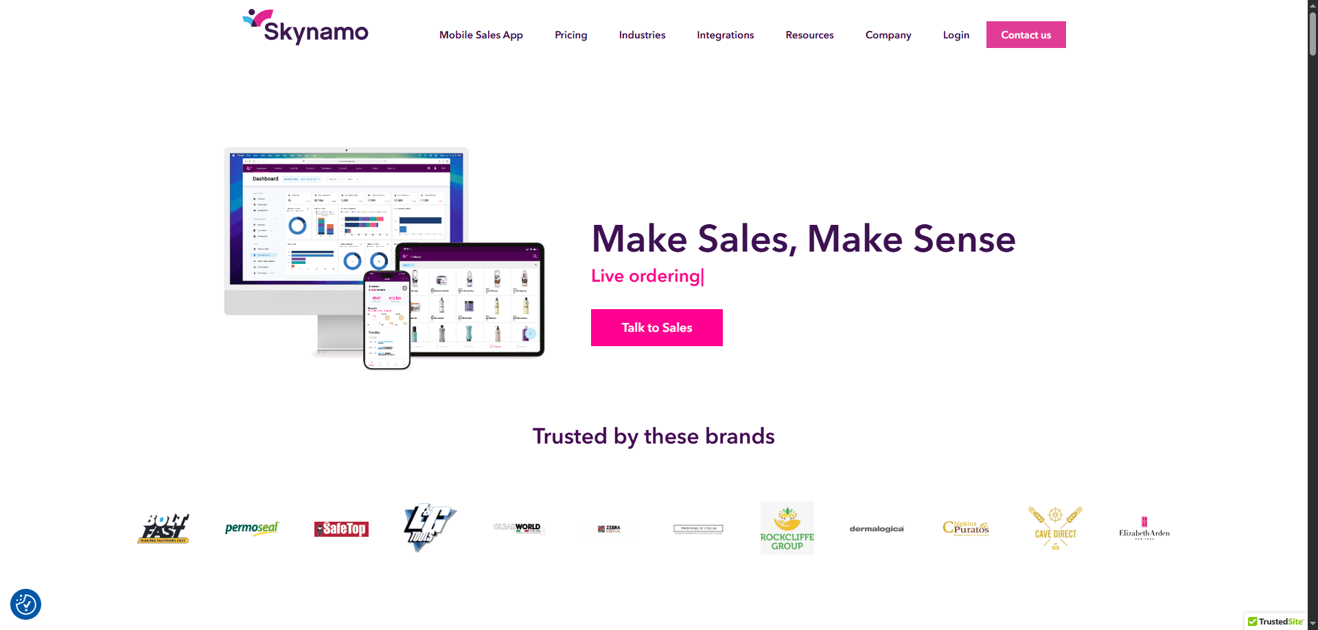 Skynamo homepage with laptop, tablet, and phone showing sales dashboards. Slogan: "Make Sales, Make Sense." Trusted brands displayed.