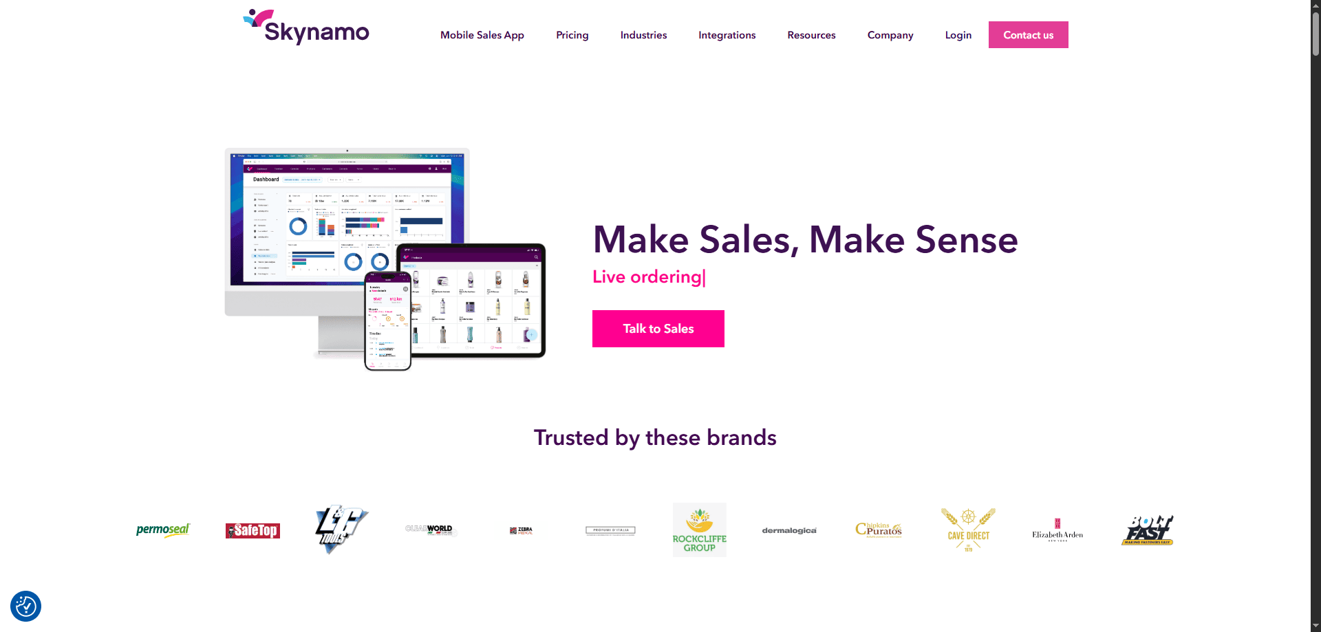 Skynamo homepage screenshot showing devices with dashboards, slogan "Make Sales, Make Sense," pink Talk to Sales button, and trusted brand logos.