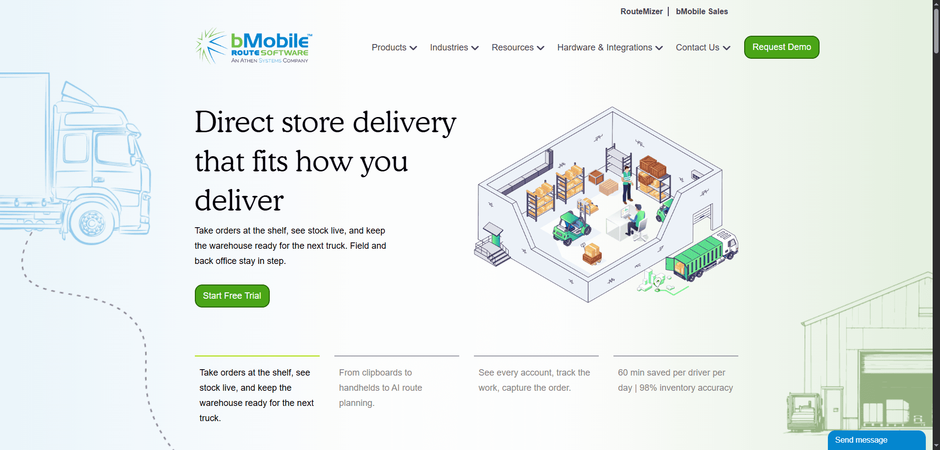 BMobile homepage screenshot with DSD solutions headline, green Start Free Trial button, warehouse and delivery route graphic, top navigation.