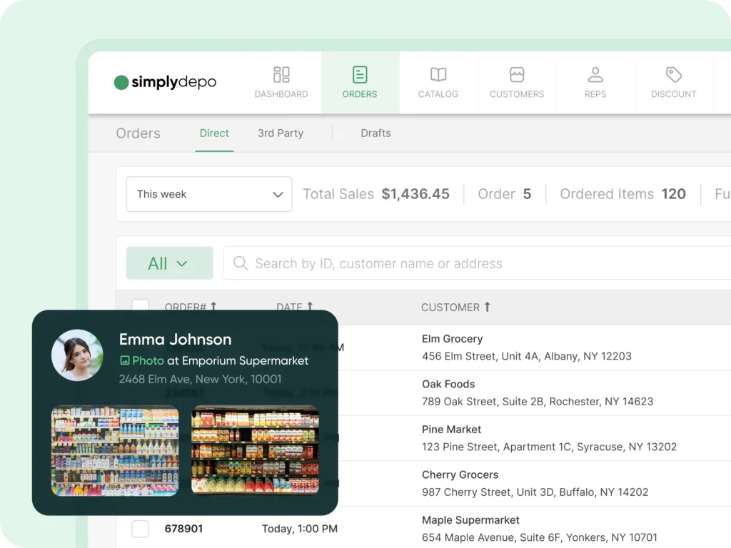 SimplyDepo’s B2B dashboard shows order data; an overlay spotlights Emma Johnson, her photo, store address, and stocked shelves.
