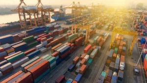 Aerial shot of a bustling port with vibrant cargo containers - Cin7 Alternatives