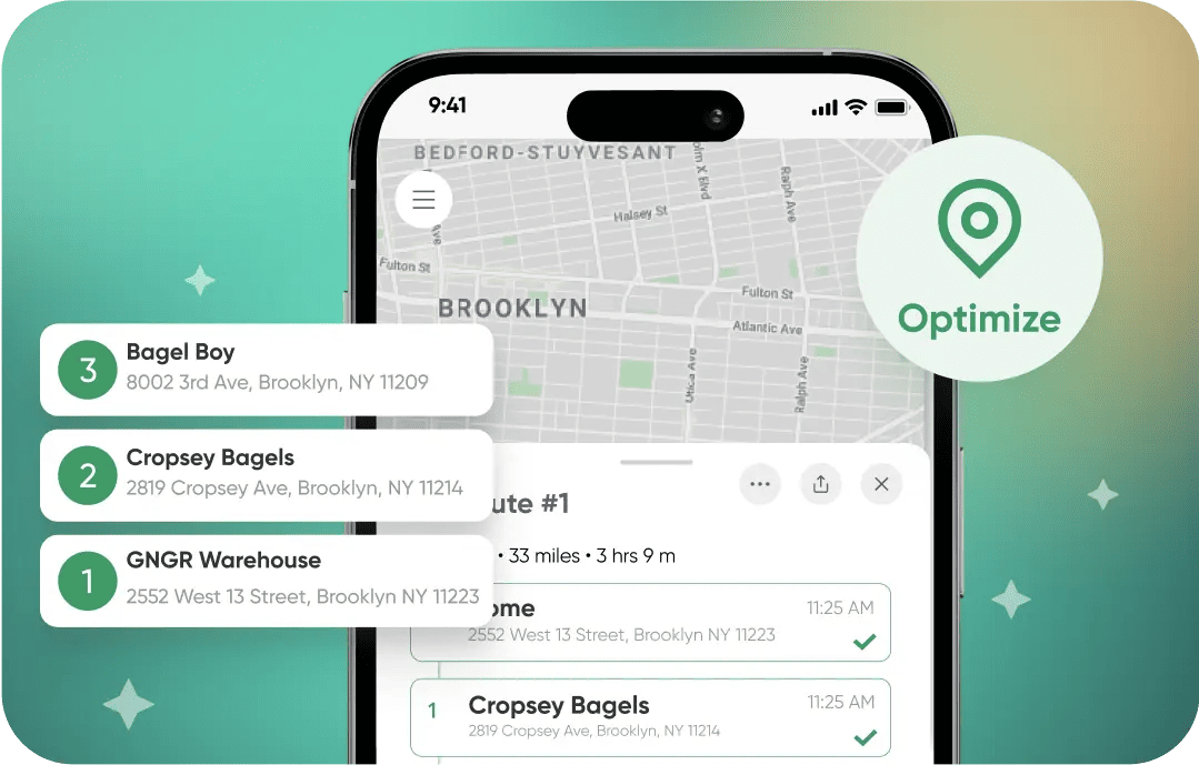 A smartphone displays a Brooklyn delivery route map with Bagel Boy, Cropsey Bagels, GNGR Warehouse stops and an "Optimize" icon.