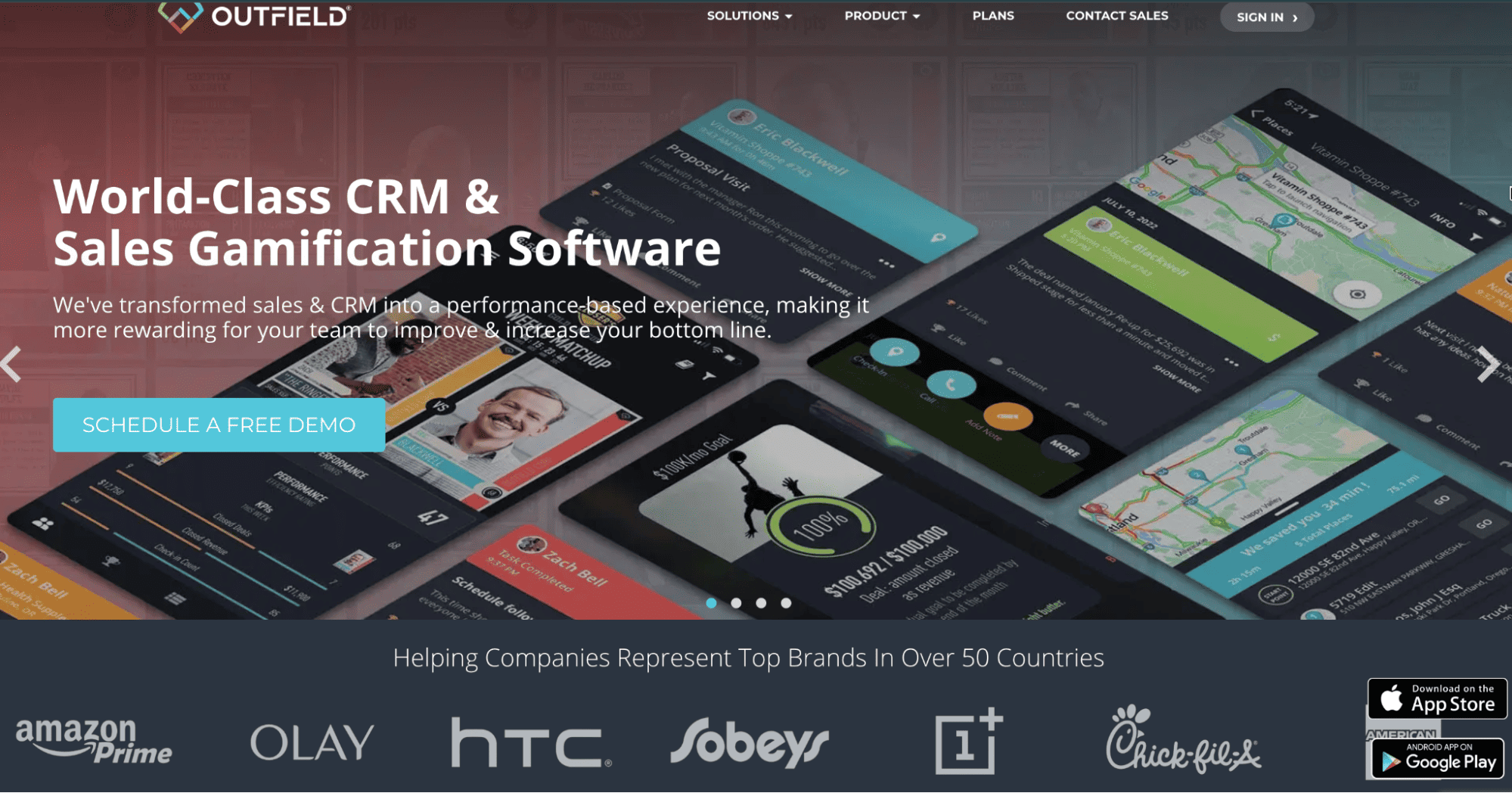 Outfield landing page featuring CRM and field management tools, overlapping app screens, blue demo button, and major brand logos.