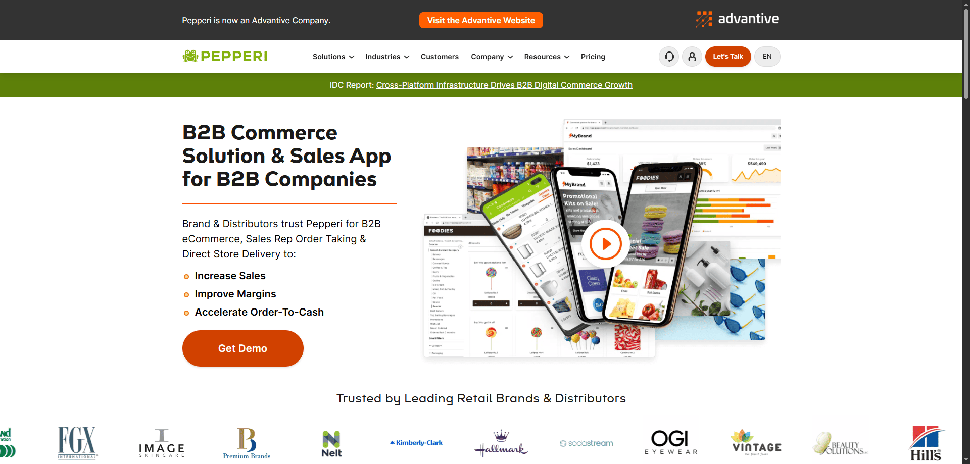 Pepperi homepage screenshot displaying its B2B commerce platform, sales app features, top partner logos, and a bold Get Demo button.
