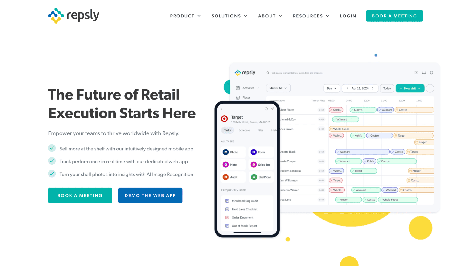Repsly webpage features "The Future of Retail Execution Starts Here" beside phone and laptop app demos, with booking and demo buttons.