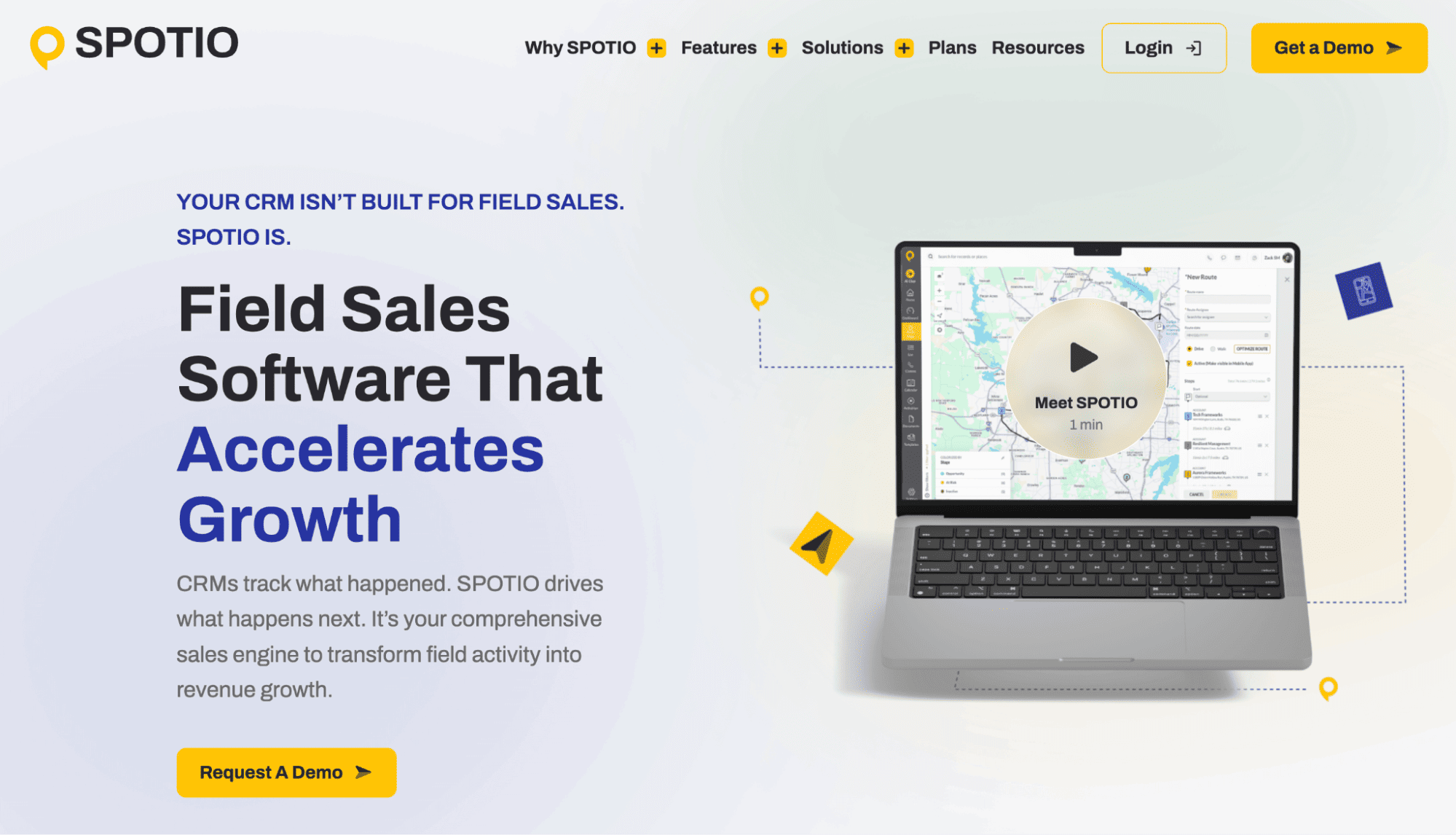 SPOTIO homepage featuring field management software, a laptop displaying a sales map, and yellow demo request buttons for small businesses.