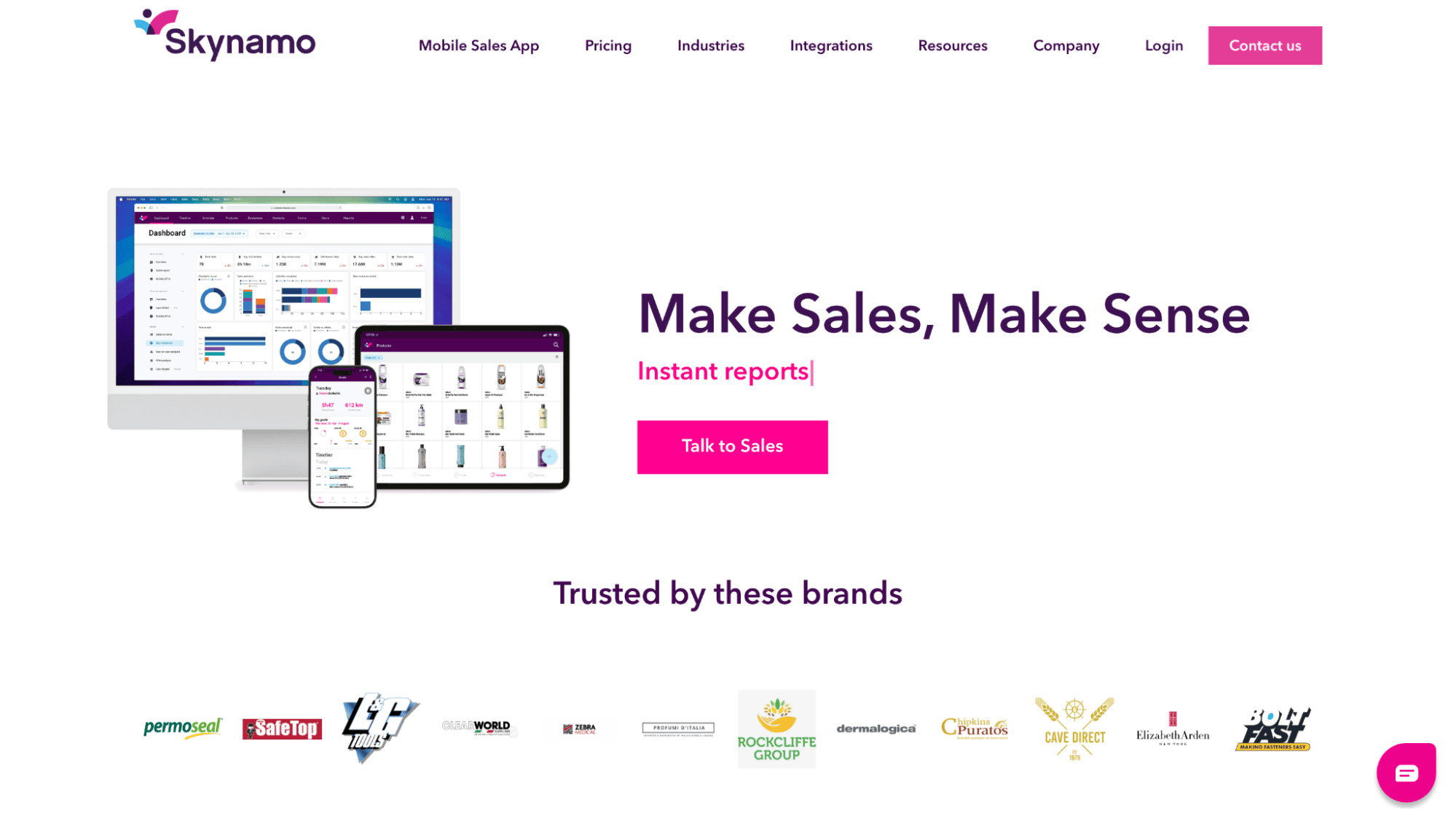 Skynamo homepage with "Make Sales, Make Sense" tagline, pink Talk to Sales button, app screenshots, and trusted brand logos below.