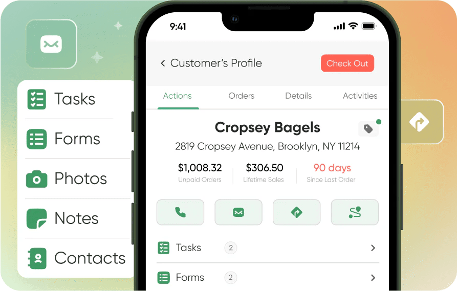 A smartphone shows Crosey Bagels’ customer profile with address, sales stats, last order, plus Task, Form, Photo, Note & Contact icons.
