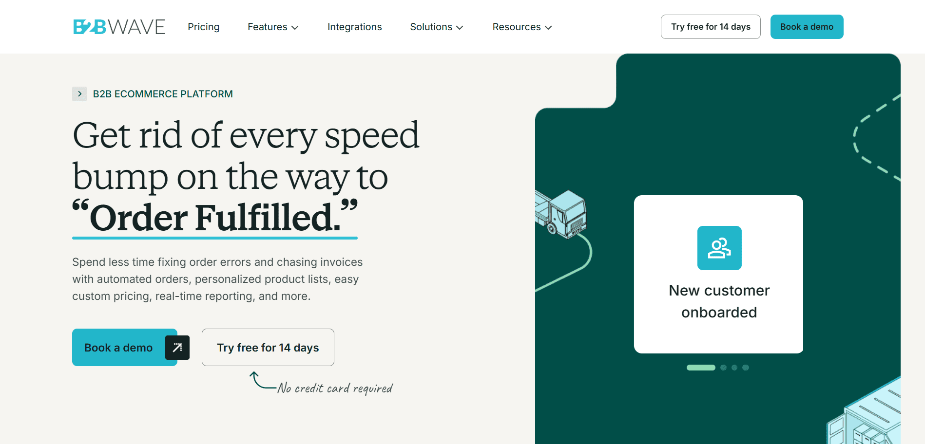 BWAVE website screenshot highlighting order fulfillment solutions for retail teams, demo/trial options, and delivery truck graphic.