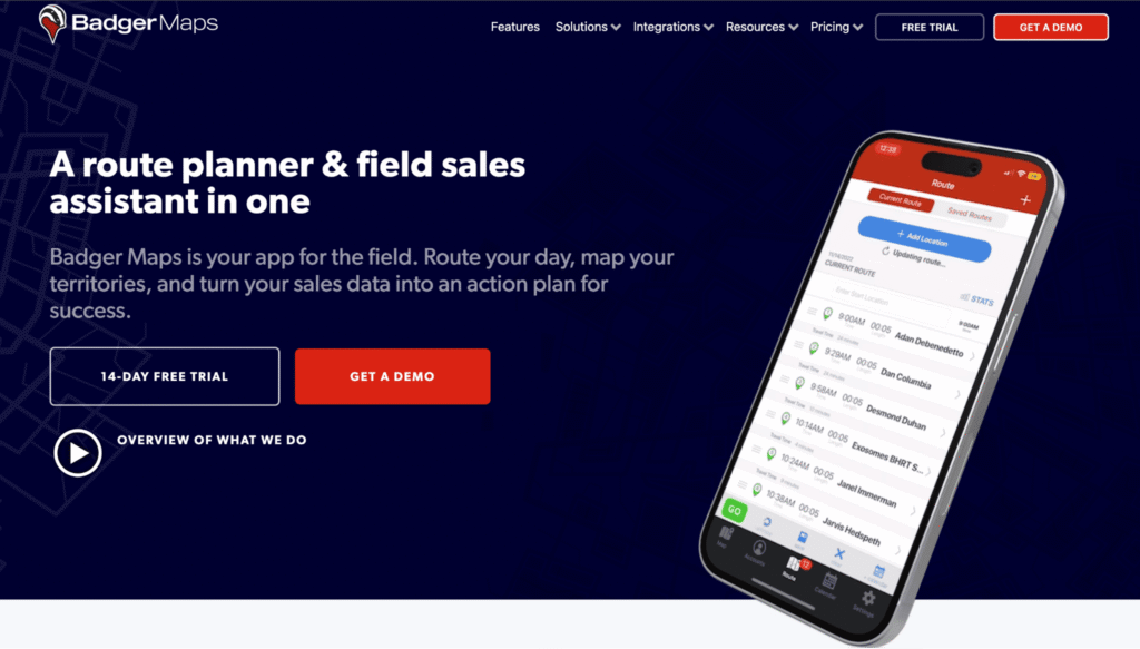 Badger Maps homepage screenshot with a phone displaying routes, headline about sales route planning, and free trial and demo buttons alt=