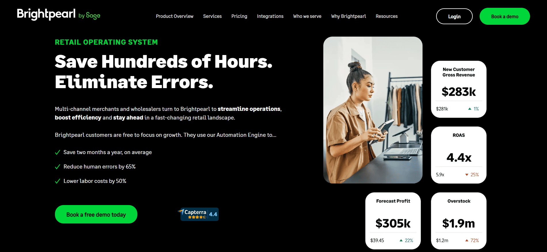 Brightpearl by Sage homepage showing a woman at a desktop, bold retail software benefits, key metrics, and green demo or login buttons.