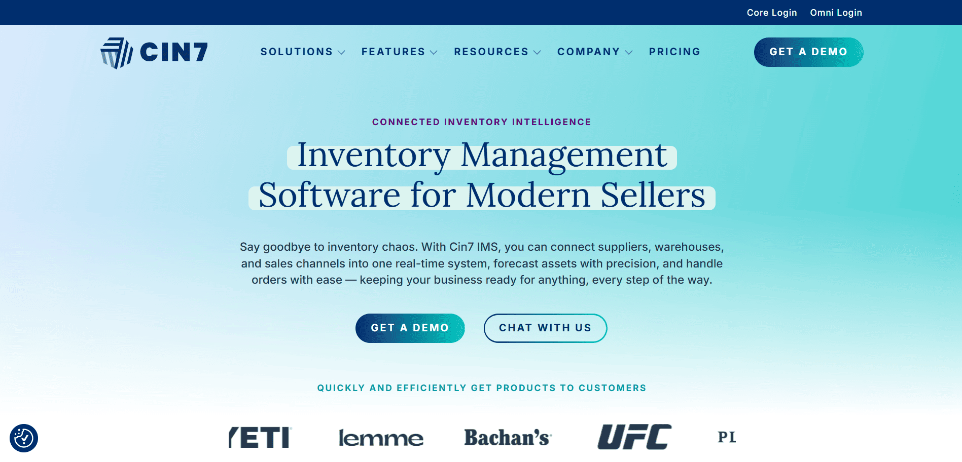 CIN7 homepage screenshot with blue and white theme, headline for modern inventory management, menu on top, logos below; WizCommerce alternative.