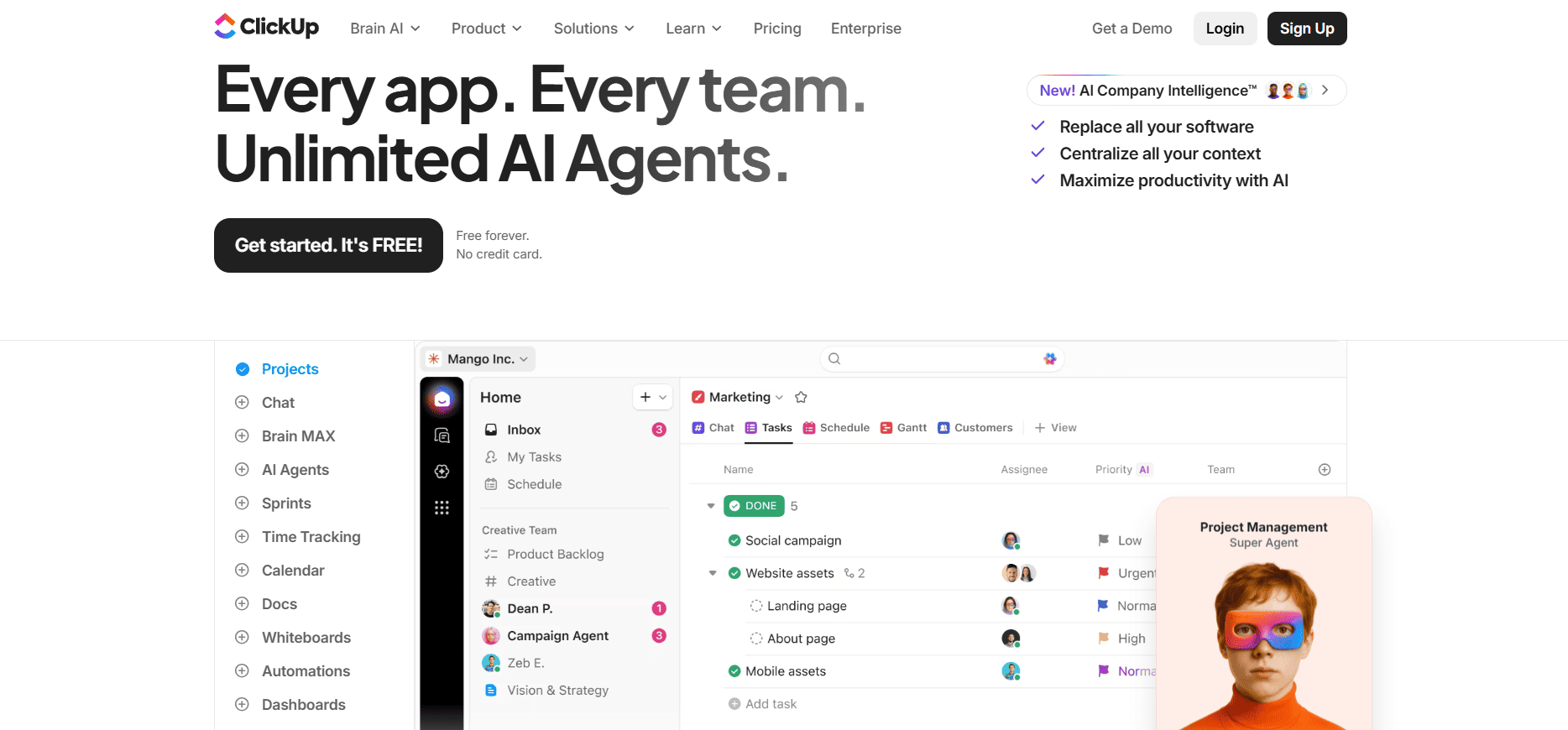 ClickUp homepage screenshot displaying AI agents, sidebar menu, workspace center, and pop-up with person in orange glasses—great Pipedrive alternative for 2026 retail teams.