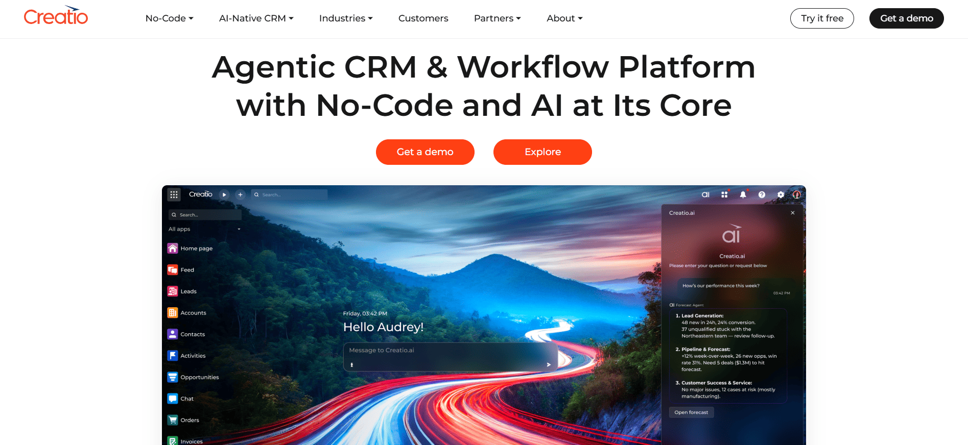 Creatio website screenshot featuring Agentic CRM & Workflow, no-code and Retail AI sales tools, plus “Get a demo” and “Explore” buttons.
