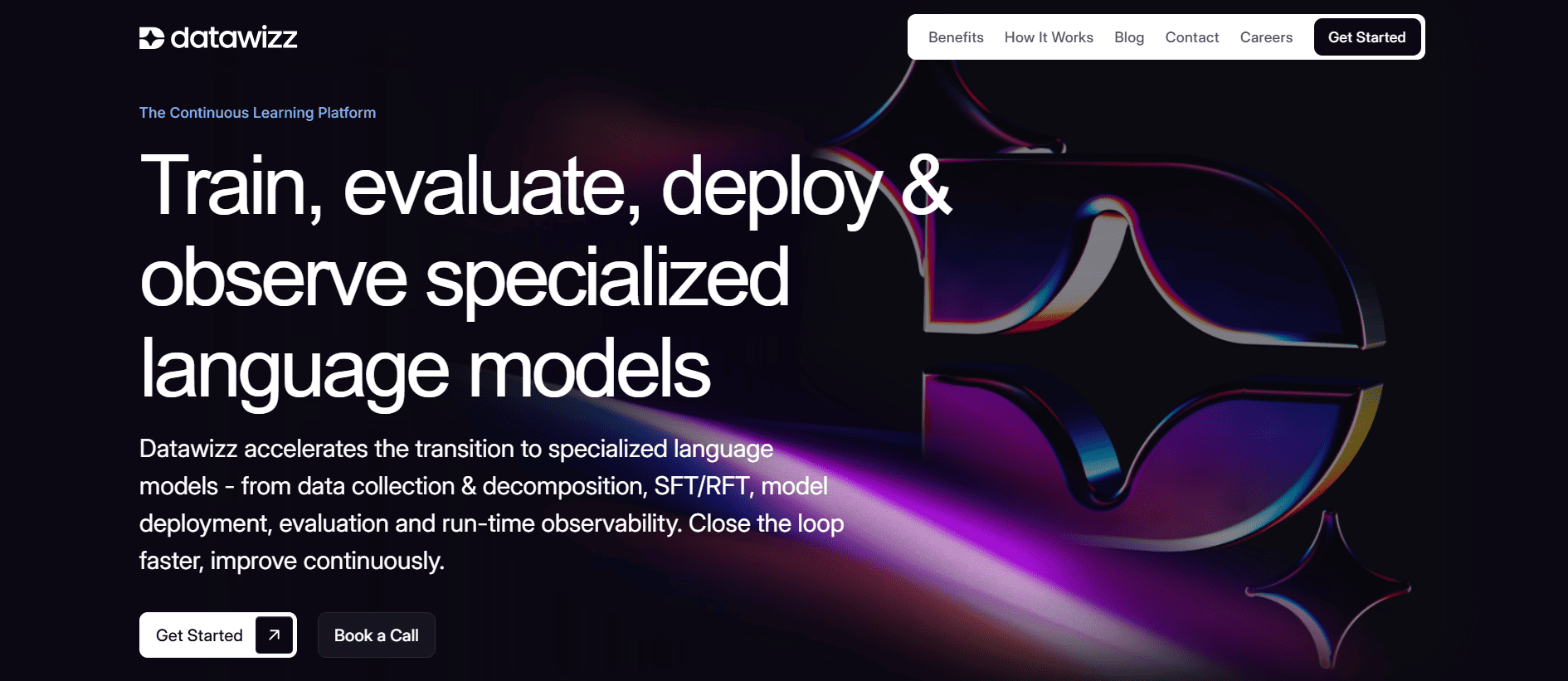 Datawizz homepage with "Train, evaluate, deploy & observe models for Small Teams" on a dark abstract background, nav links, CTAs.