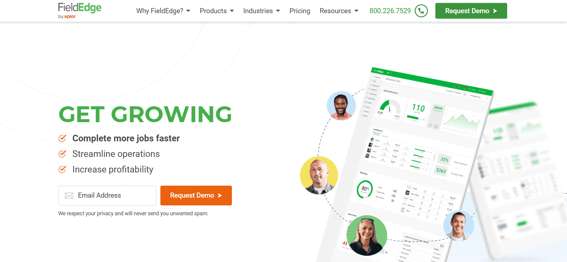 FieldEdge homepage with a green theme, "GET GROWING" headline, business benefits list, email sign-up box, and software dashboard images.