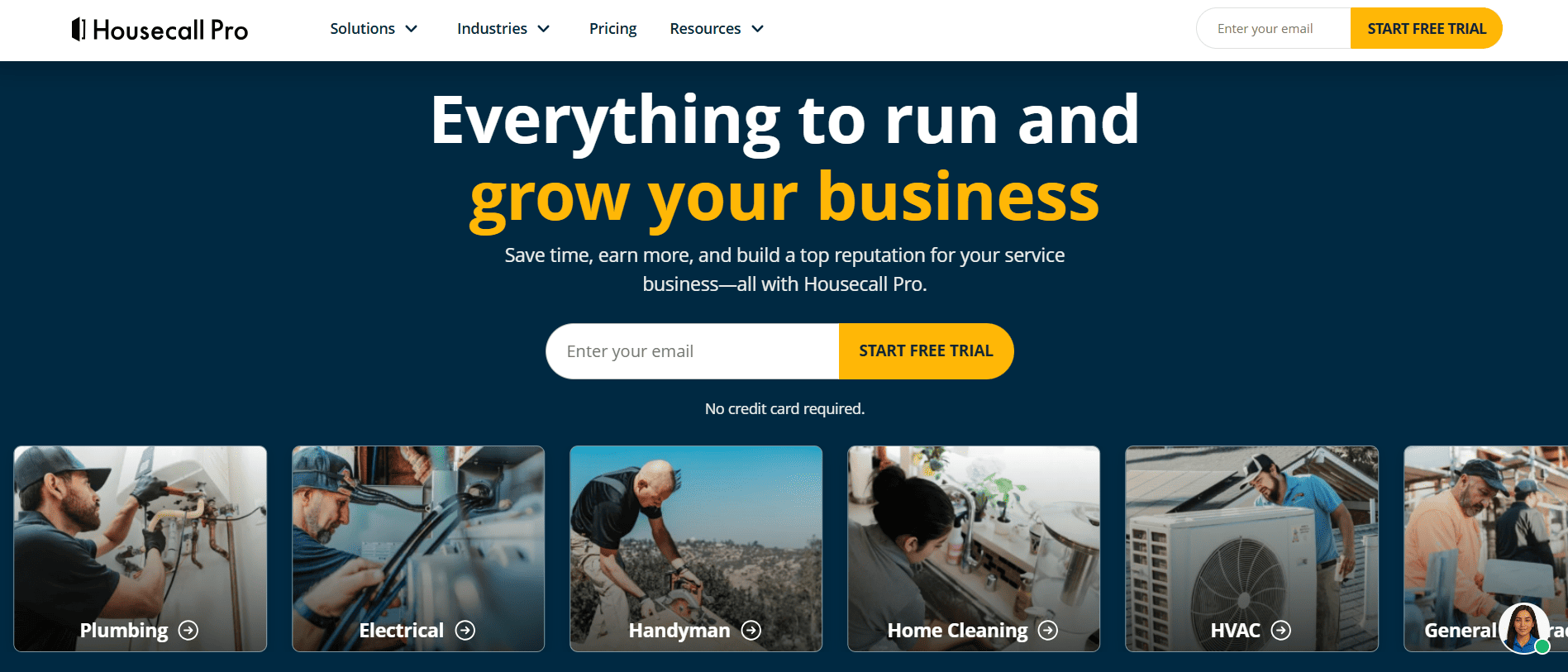 Housecall Pro homepage featuring the headline "Everything to run and grow your business," signup form, and service icons for plumbers, electricians, handymen, cleaners, HVAC, and more.