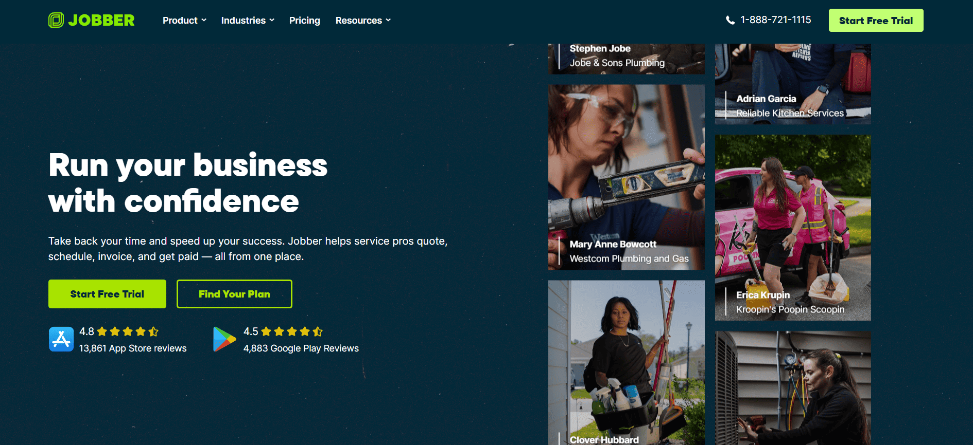 Jobber homepage with a blue background, “Run your business with confidence” slogan, green trial buttons, reviews, and pro photos.