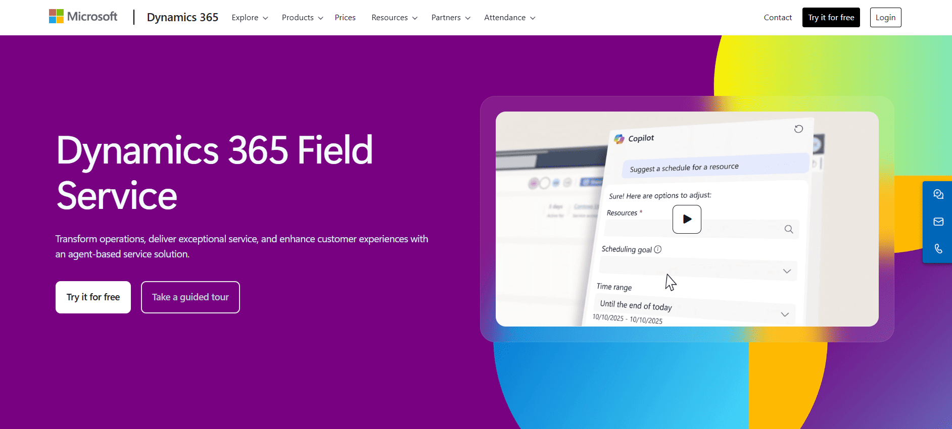 Microsoft Dynamics 365 Field Service webpage with a purple background, product demo, and sign-up buttons for a free trial or guided tour.