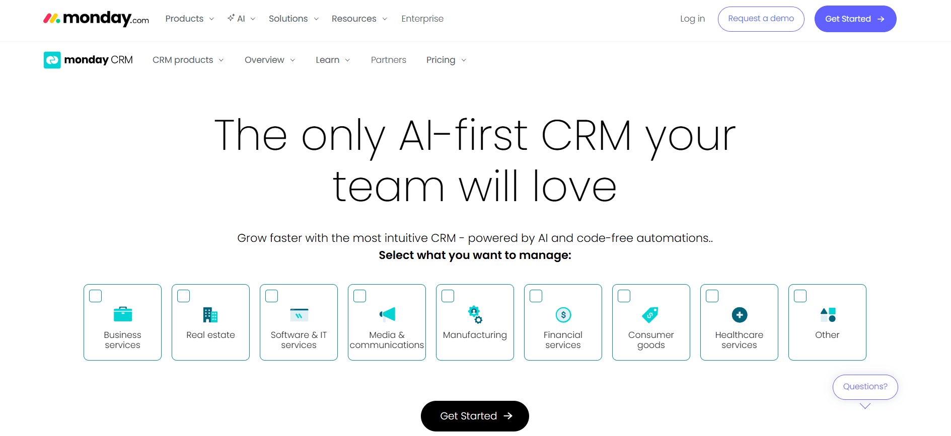 Screenshot of monday.com CRM page with headline "The only AI-first CRM your team will love" and industry icons, a top Pipedrive alternative.