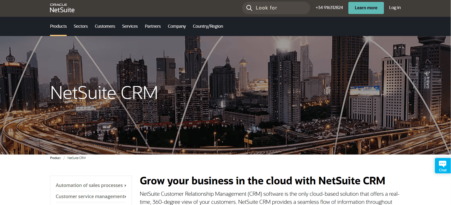 Oracle NetSuite CRM webpage screenshot with cityscape background, menu, title, and info on cloud CRM for small teams and sales analytics.