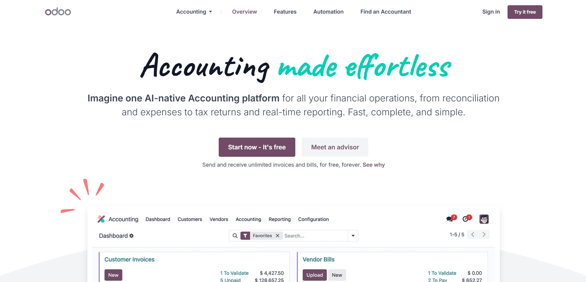 Odoo Accounting webpage screenshot with "Accounting made effortless" highlighted, showcasing an AI-native dashboard for retail teams.
