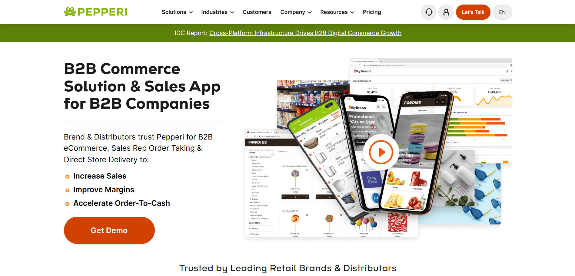Pepperi homepage screenshot showcasing B2B retail solutions, mobile sales app interfaces, and a Get Demo button as a WizCommerce 2026 alternative.
