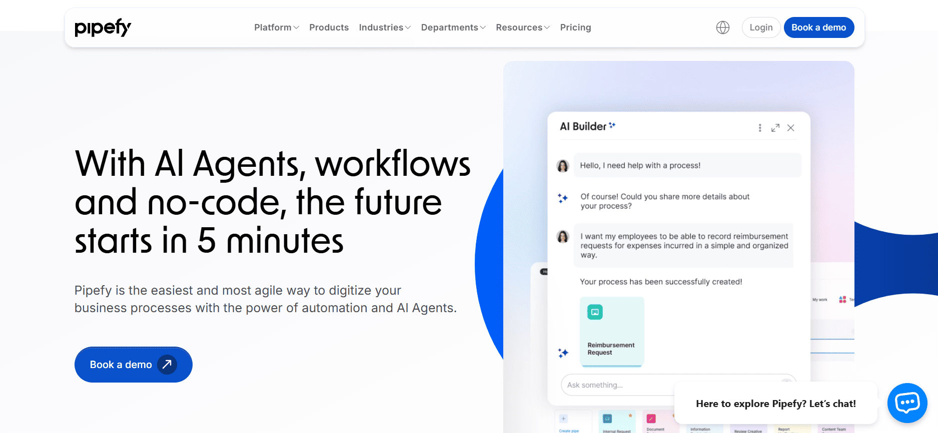 Pipefy homepage screenshot showcasing AI agents, workflow automation, chat demo, navigation menu, and “Book a demo” options for retail.