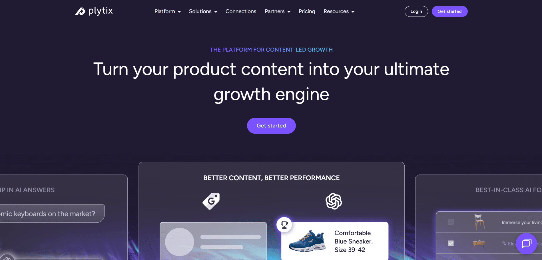 Plytix homepage with bold tagline, navigation bar, and a central purple Get started button, ideal for retail teams switching from WizCommerce.