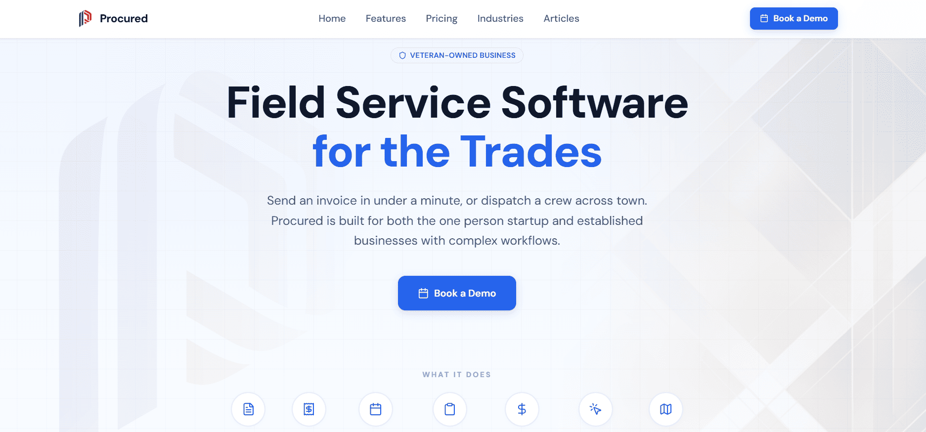 Procured website homepage screenshot showing field service software for trades, with a blue Book a Demo button and main menu links.
