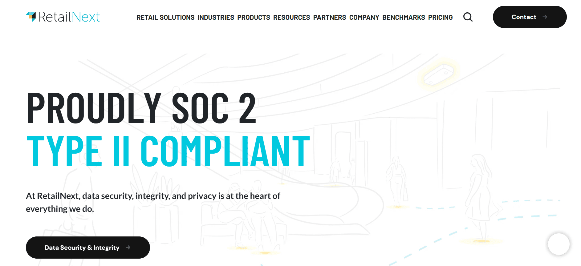 RetailNext website screenshot with a SOC 2 Type II Compliant banner, Data Security & Integrity button, and 2026 Retail AI tools highlights.