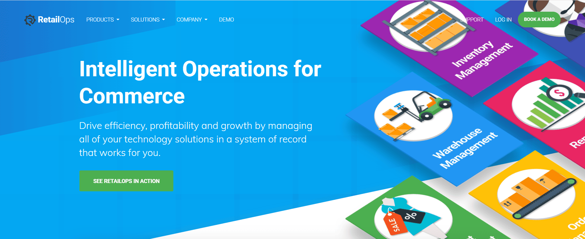 RetailOps homepage screenshot showing “Intelligent Operations for Commerce” and colorful cards for Inventory and Warehouse Management.