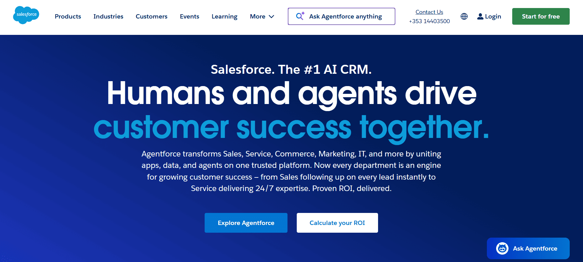 Salesforce homepage with “Humans and agents drive customer success together” headline; options for Agentforce, ROI, Retail Teams, and navigation links.