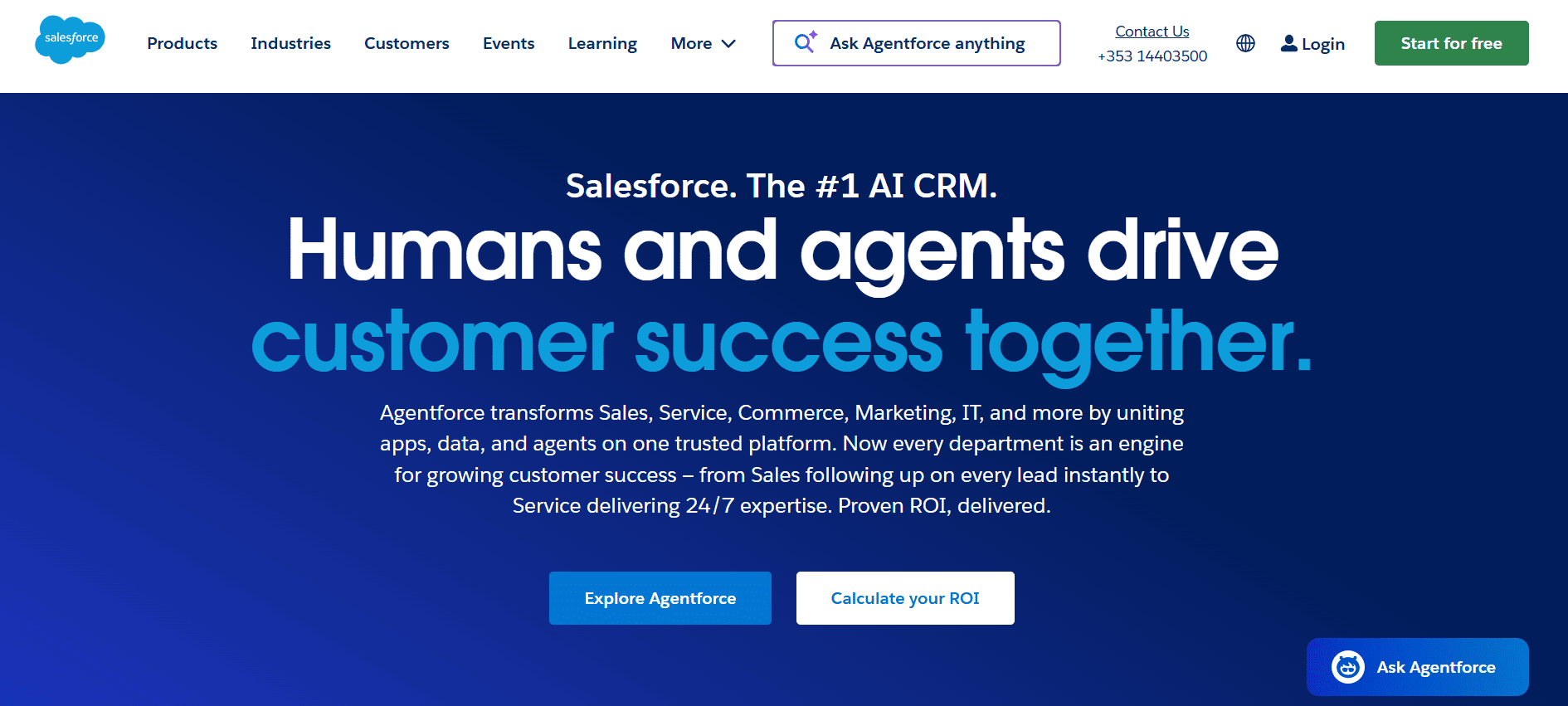 Salesforce homepage with a blue background, slogan “Humans and agents drive customer success,” navigation links, contact info, and CTAs.
