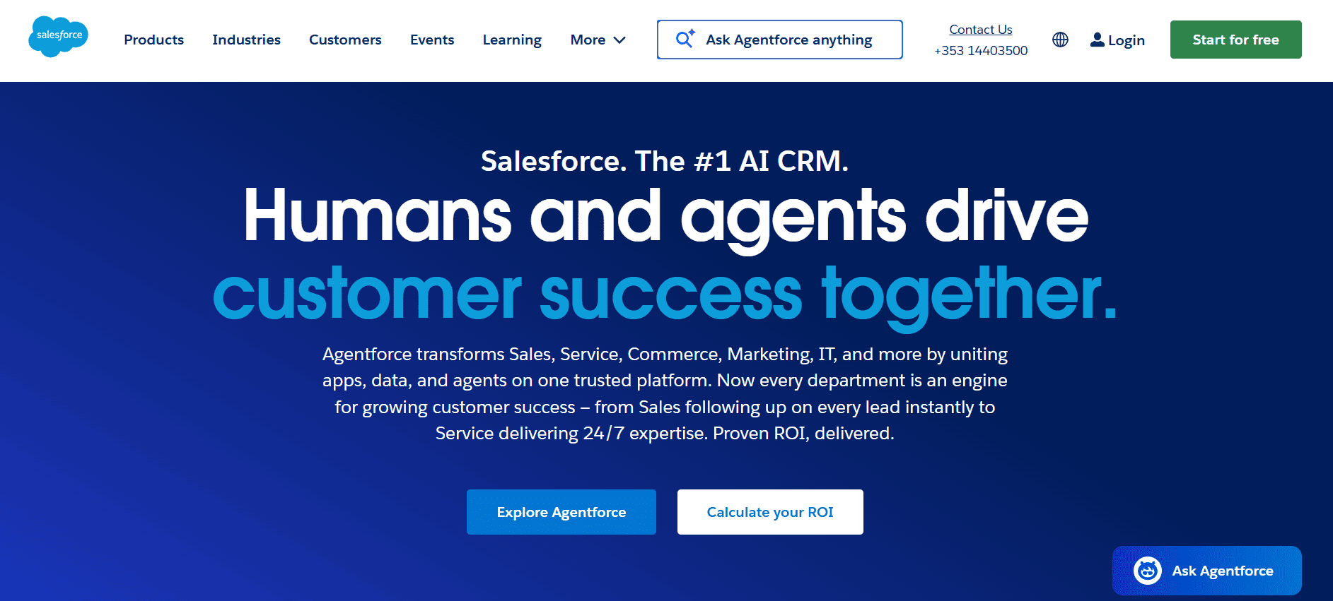 Salesforce homepage showcases AI CRM and Retail AI tools, with headline “Humans and agents drive customer success together” and links to Agentforce, ROI calculator, and 2026 sales solutions.