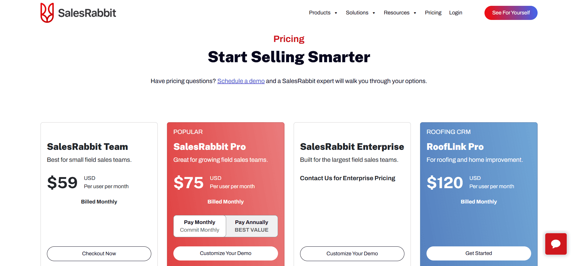 SalesRabbit pricing page shows Team at $59/mo, Pro at $75/mo, Enterprise (custom), and RoofLink Pro at $120/mo with action buttons.