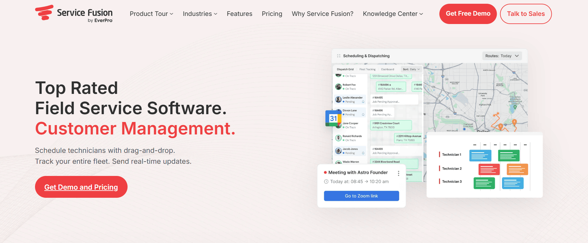 Service Fusion homepage screenshot showing field service management tools, dashboard images, and a prominent free demo call-to-action.