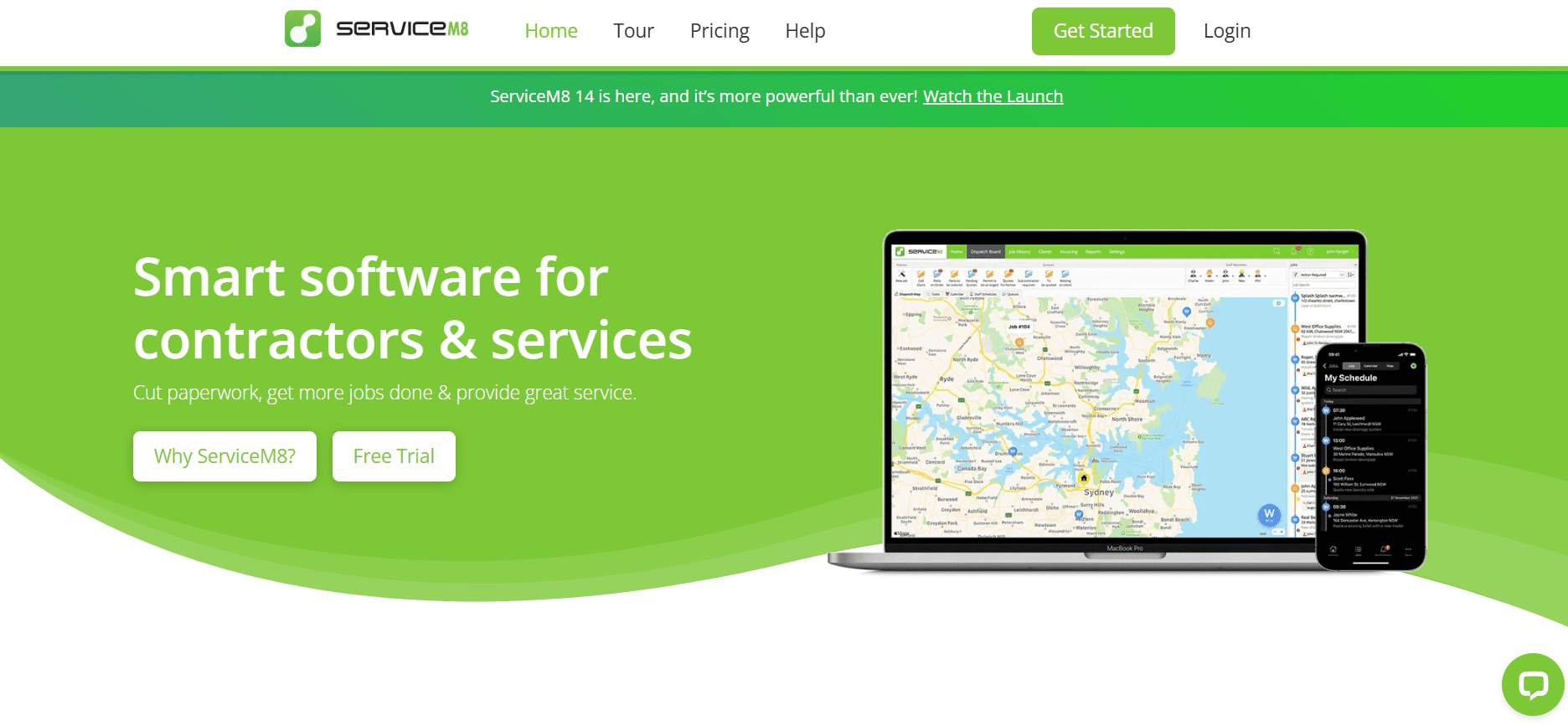 ServiceM8 homepage with header, navigation menu, green call-to-action buttons, and devices showing maps and job management tools.