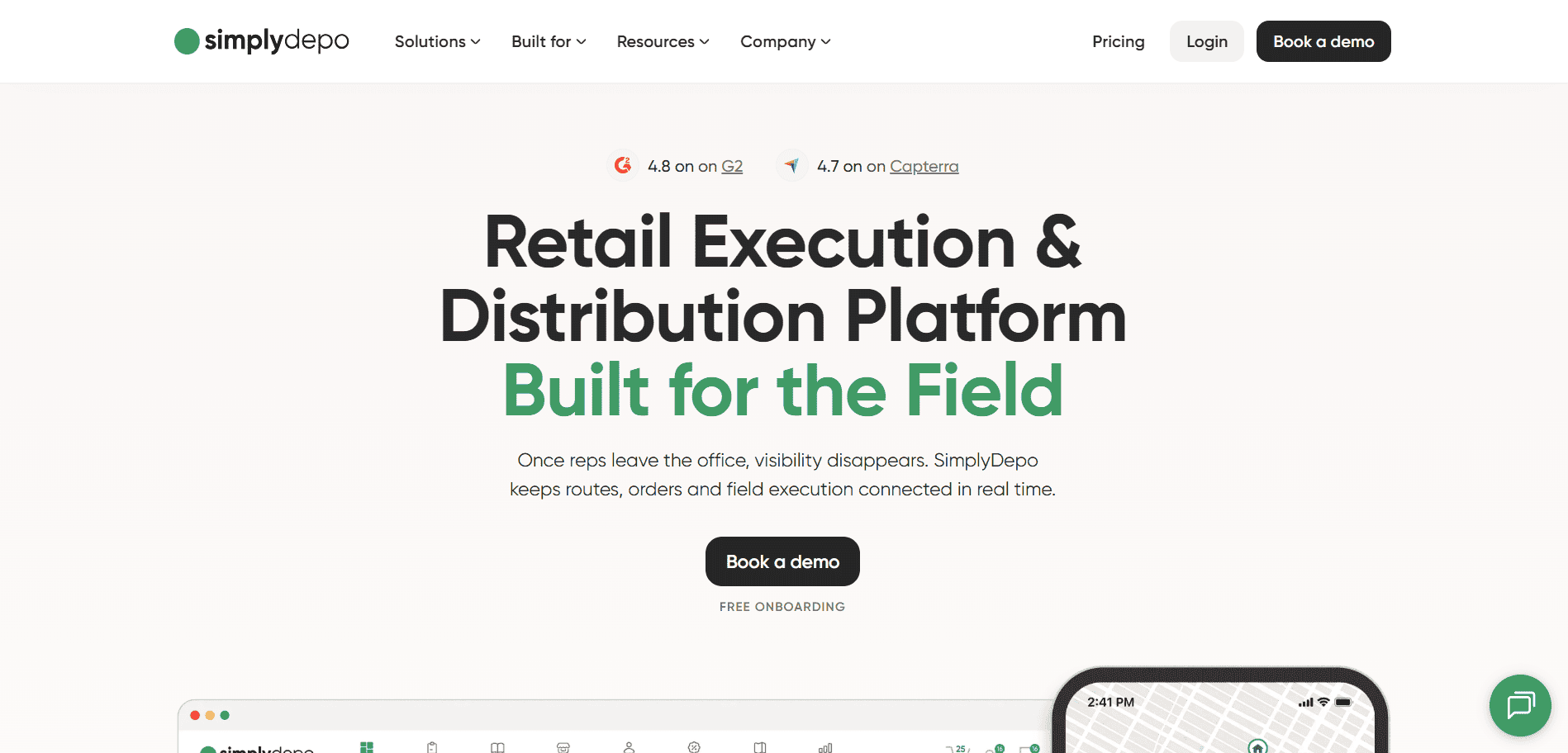 SimplyDepo homepage screenshot with “Retail Execution & Distribution Platform Built for the Field” headline and easy demo booking.