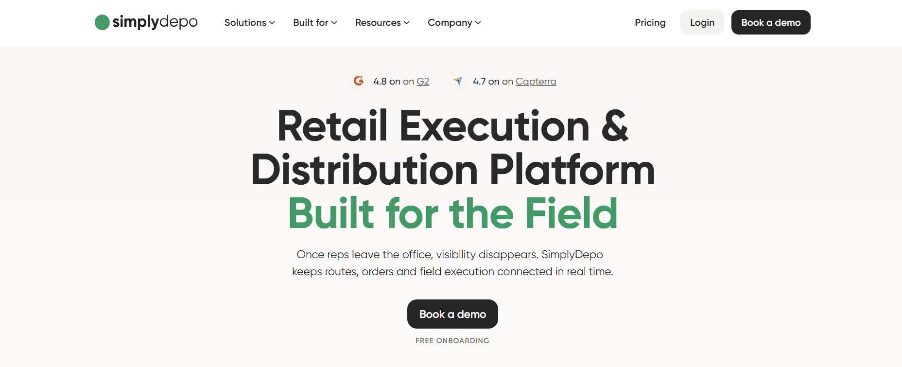SimplyDepo homepage with "Retail Execution & Distribution Platform" headline, demo booking buttons, top ratings on G2 and Capterra.