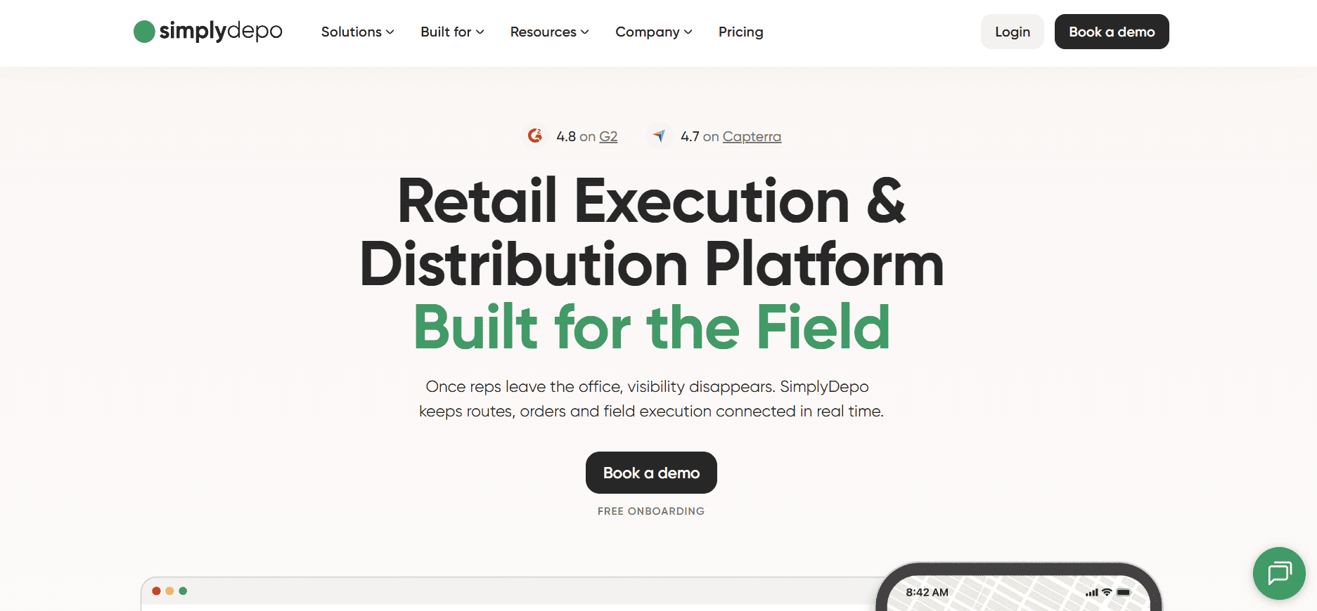 SimplyDepo homepage screenshot showing its Retail Execution & Distribution Platform with login, demo booking, and top navigation links.