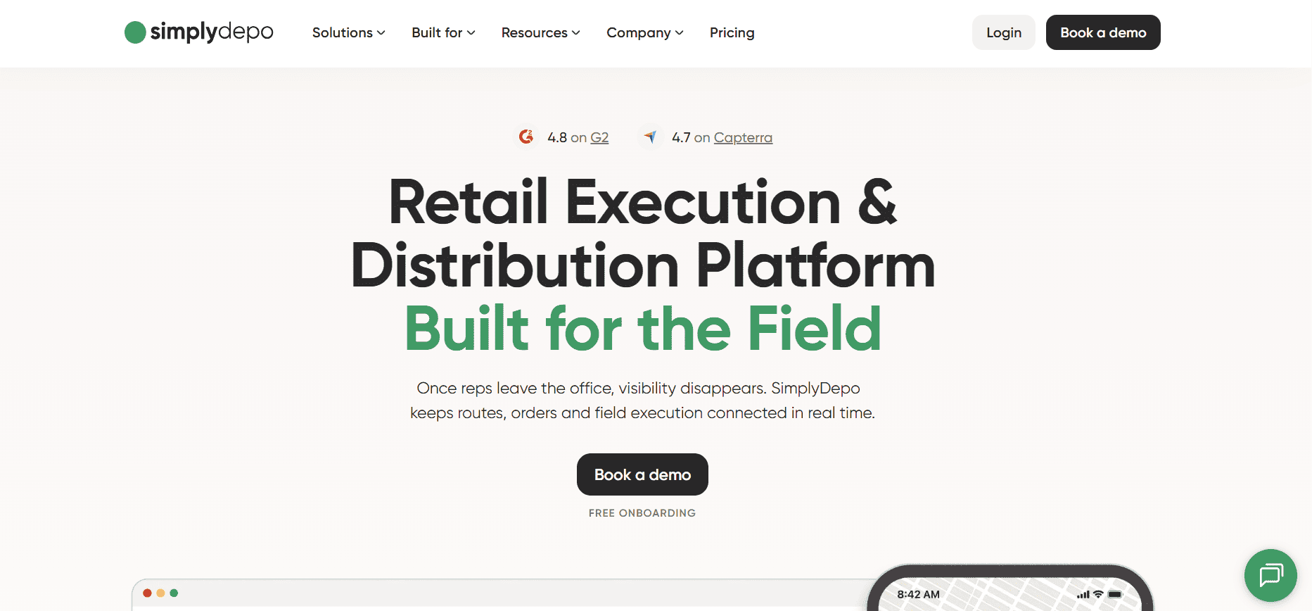 SimplyDepos homepage screenshot showing headline, site description, navigation menu, and login and Book a Demo action buttons.
